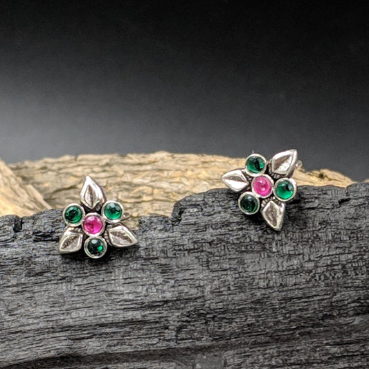 Three Leaf Earrings - Green Pink