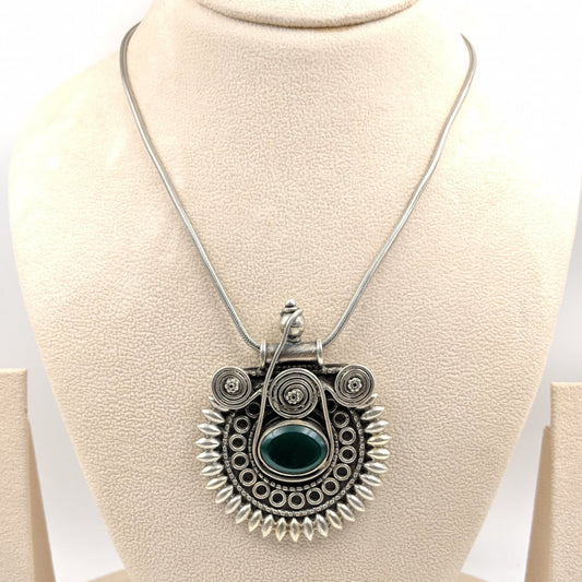 Shirisha Kawach Pendant - Green Stone with Silver Chain