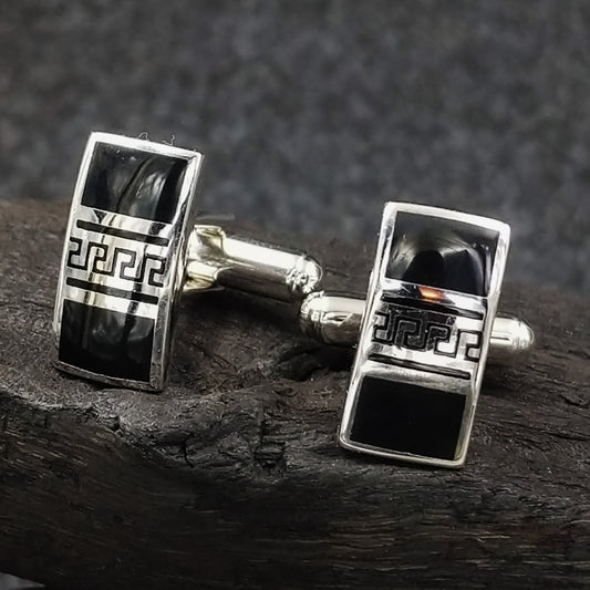 Men Silver accessories -CUFFLINKS BLACK ZIGZAG